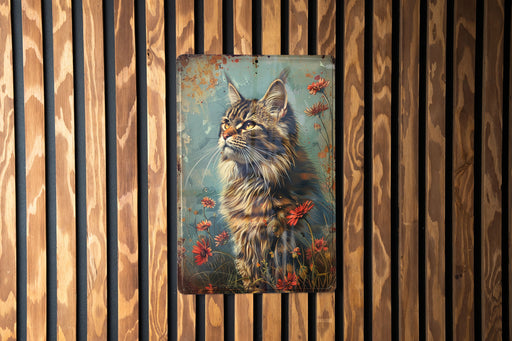 a painting of a cat on a wooden wall