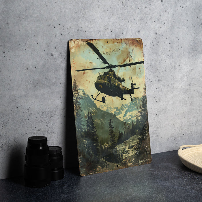 a painting of a helicopter flying over a forest