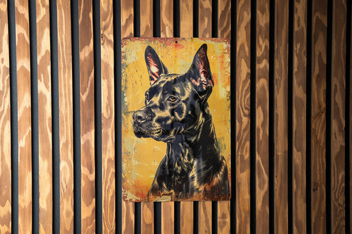 a painting of a dog on a wooden wall