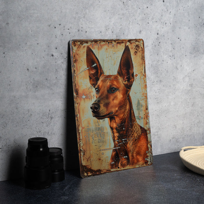a painting of a dog on a rusted metal sign