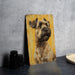 a painting of a dog on a yellow background