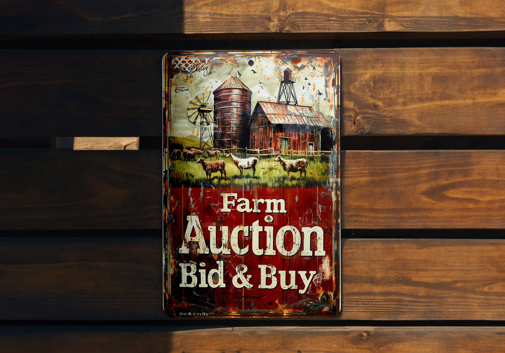 a farm auction sign on a wooden bench
