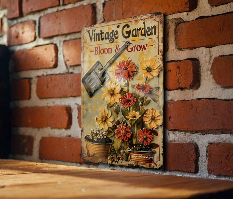 a vintage garden sign on a brick wall