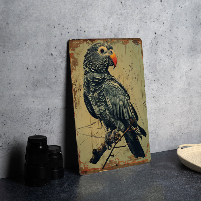 a picture of a bird on a wooden sign