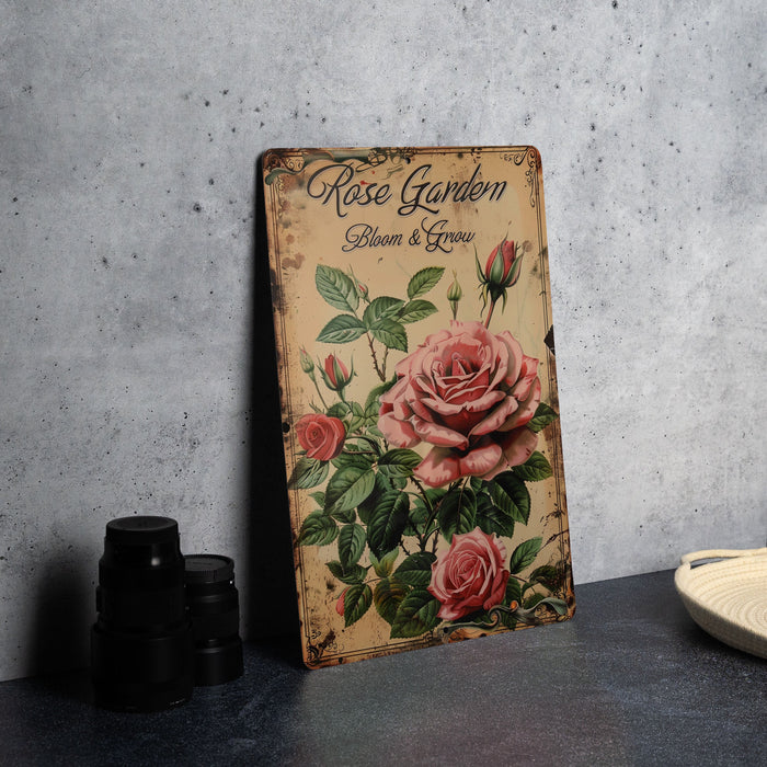 a picture of a rose garden sign next to a pair of binoculars