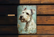 a painting of a dog on a wooden wall