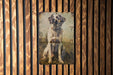 a picture of a dog on a wooden wall