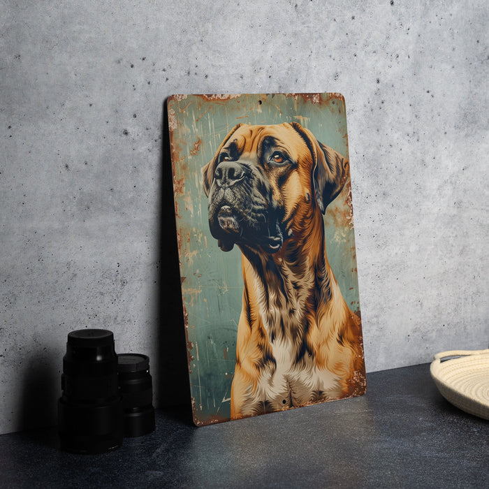 a painting of a dog on a wall next to a plate