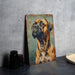 a painting of a dog on a wall next to a plate