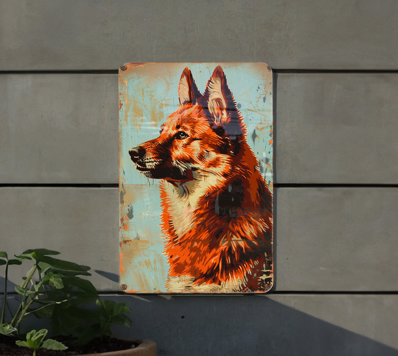 a painting of a dog on a wall next to a potted plant