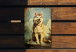a picture of a dog on a wooden bench