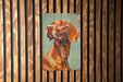 a painting of a dog on a wooden wall