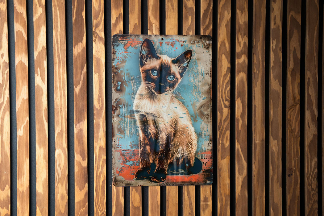 a picture of a siamese cat on a wooden wall