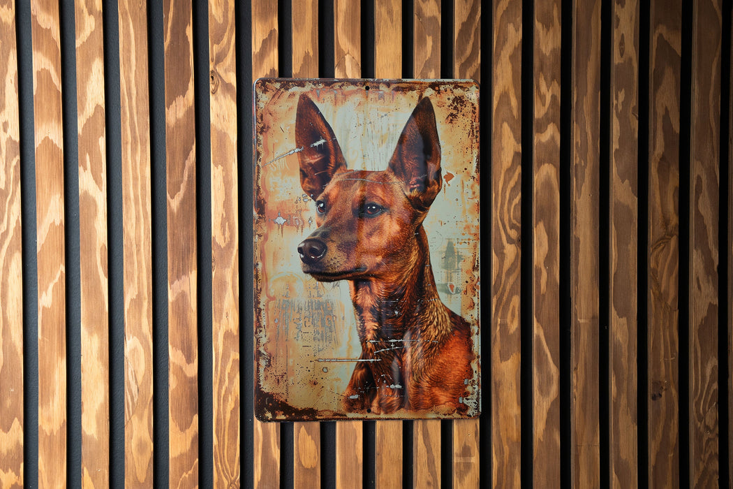 a painting of a dog on a wooden wall