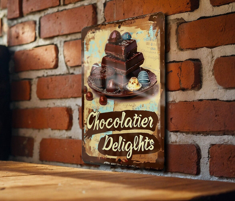 a sign on a brick wall that says chocolate delights
