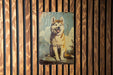 a picture of a dog on a wooden wall