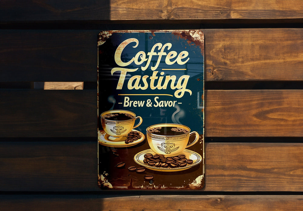 a sign advertising coffee tasting on a wooden bench