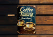 a sign advertising coffee tasting on a wooden bench