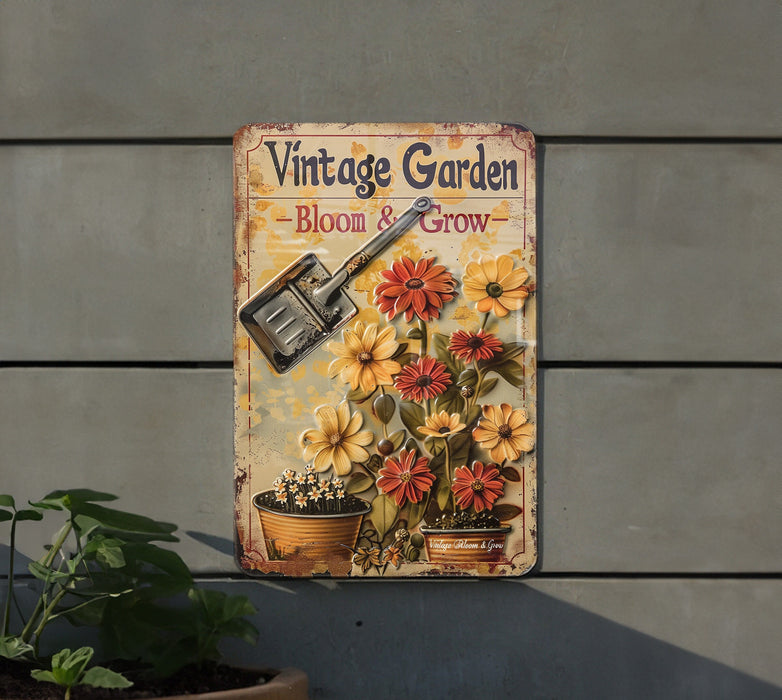 a vintage garden sign on a wall
