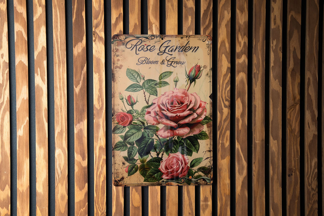 a sign on a wooden wall that says rose garden