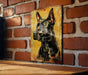 a painting of a dog on a brick wall