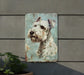 a painting of a dog on a blue background