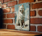a picture of a white dog on a brick wall