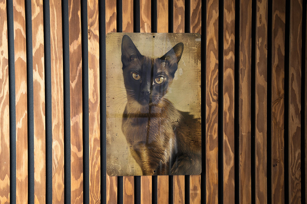 a picture of a cat on a wooden wall