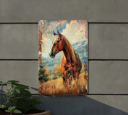 a painting of a horse on a wall next to a potted plant