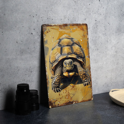 a painting of a turtle on a yellow background