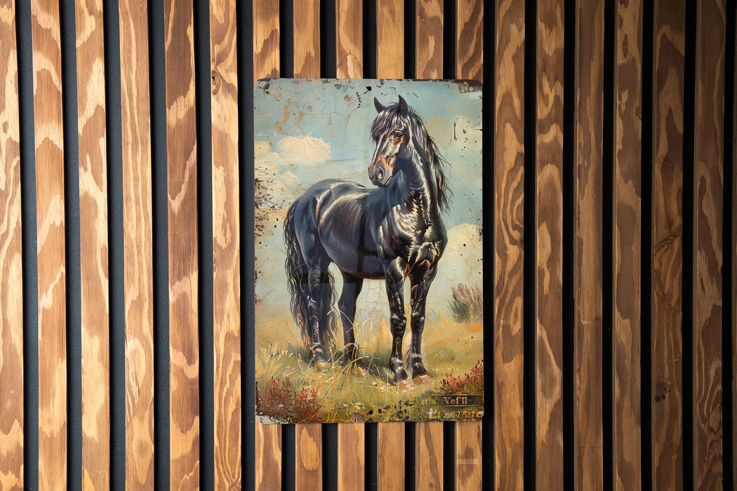 a painting of a black horse on a wooden wall