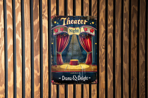 a theater sign hanging on a wooden wall