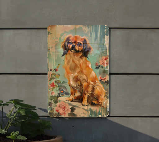 a painting of a dog on a wall next to a potted plant