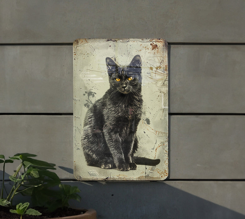 a black cat sitting on top of a sign