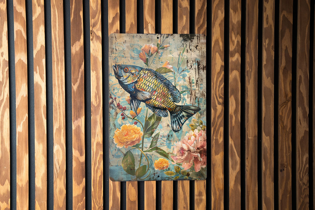 a painting of a fish on a wooden wall