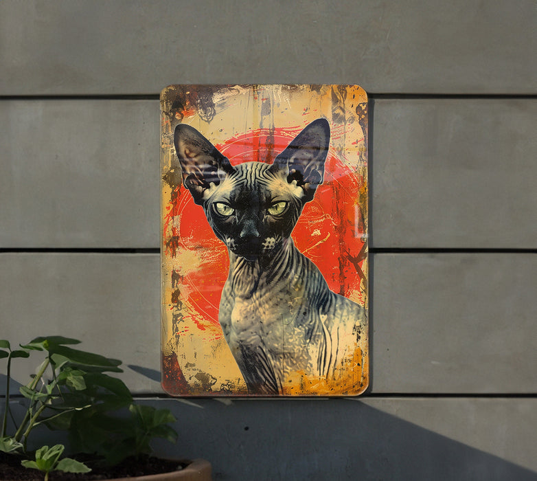 a painting of a cat on a wall next to a potted plant