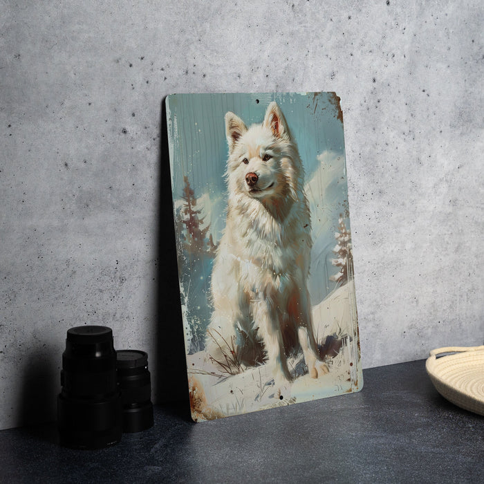 a painting of a white dog on a wall next to a pair of binoculars