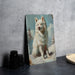 a painting of a white dog on a wall next to a pair of binoculars