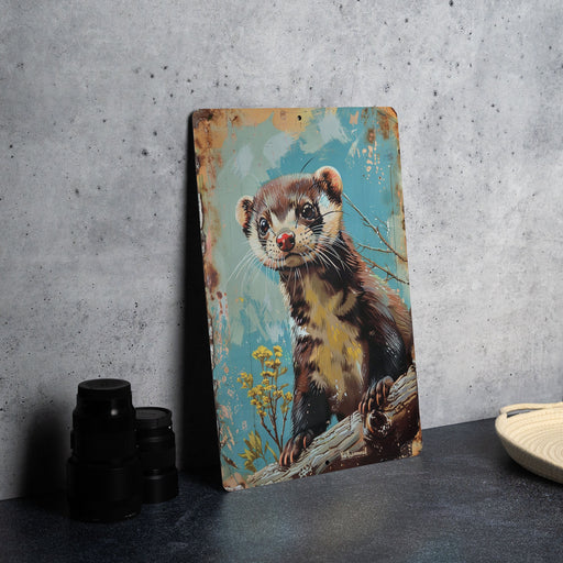 a painting of a ferret on a canvas next to a pair of binoculars