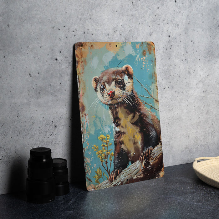 a painting of a ferret on a canvas next to a pair of binoculars