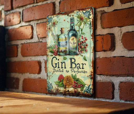 a picture of a gin bar sign on a brick wall