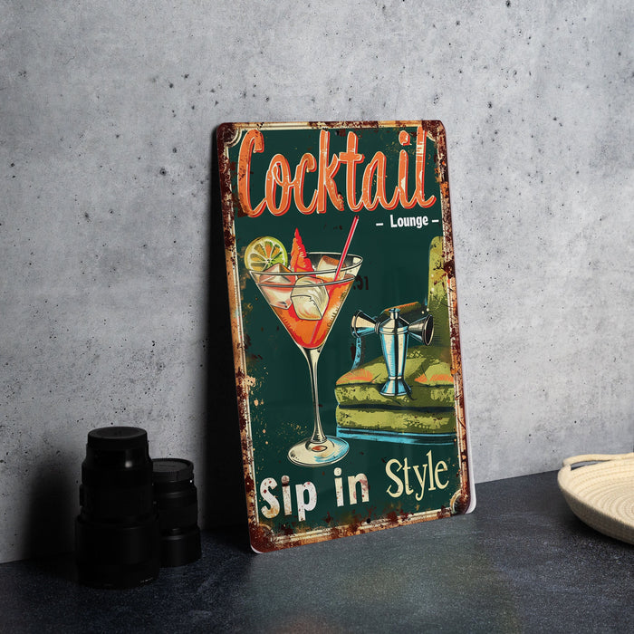 a metal sign that says cocktail sip in style
