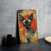 a painting of a cat with green eyes