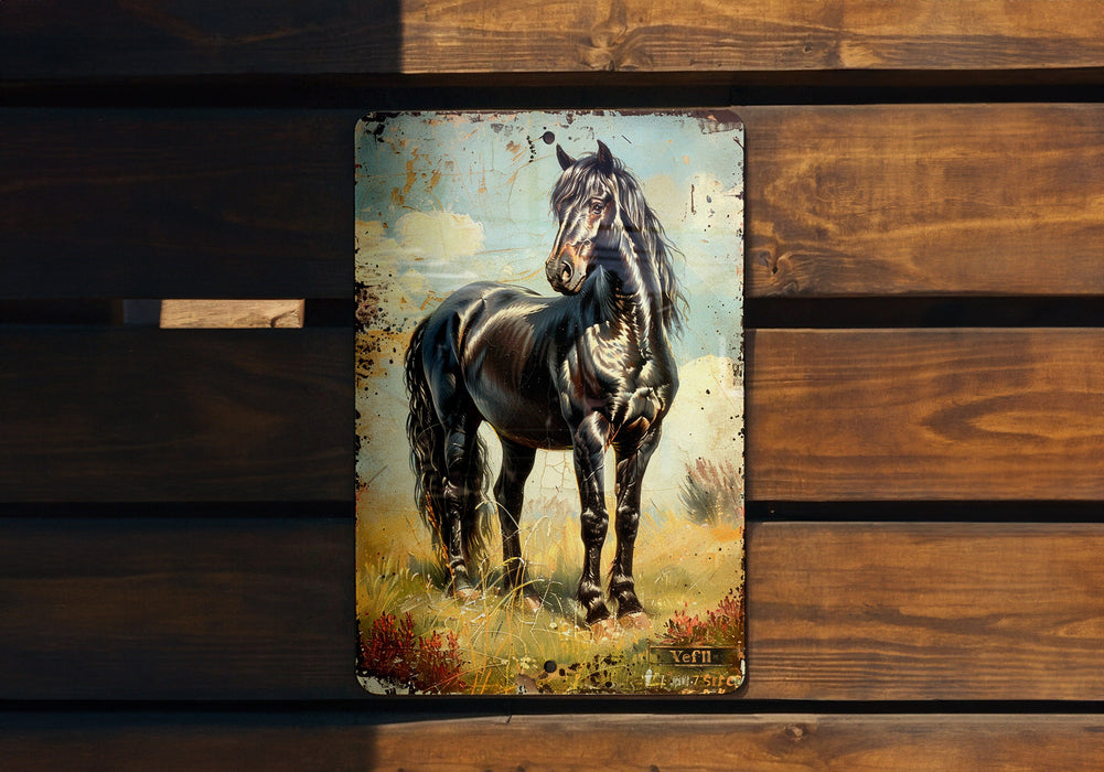 a painting of a horse on a wooden bench
