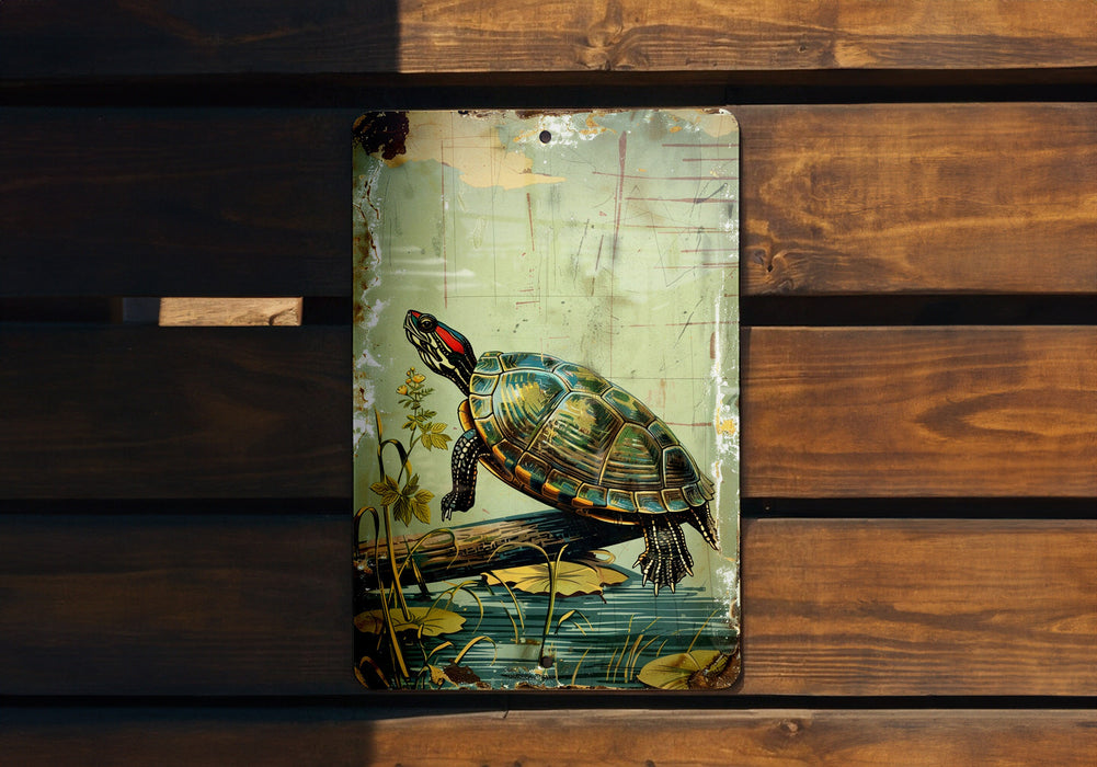 a painting of a turtle on a wooden bench