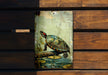 a painting of a turtle on a wooden bench