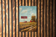 a painting of a farm scene on a wooden wall
