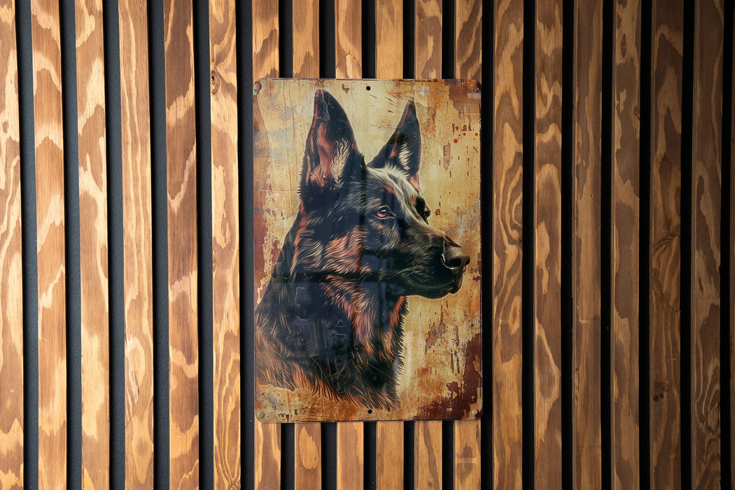 a painting of a german shepard on a wooden wall