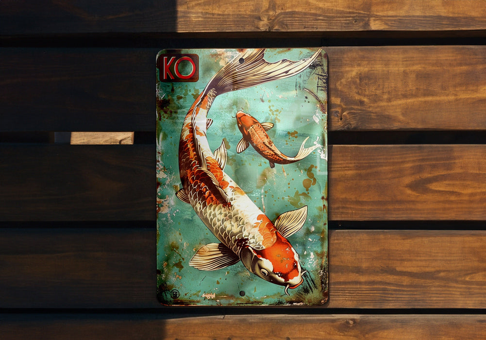 a picture of a koi fish on a wooden bench