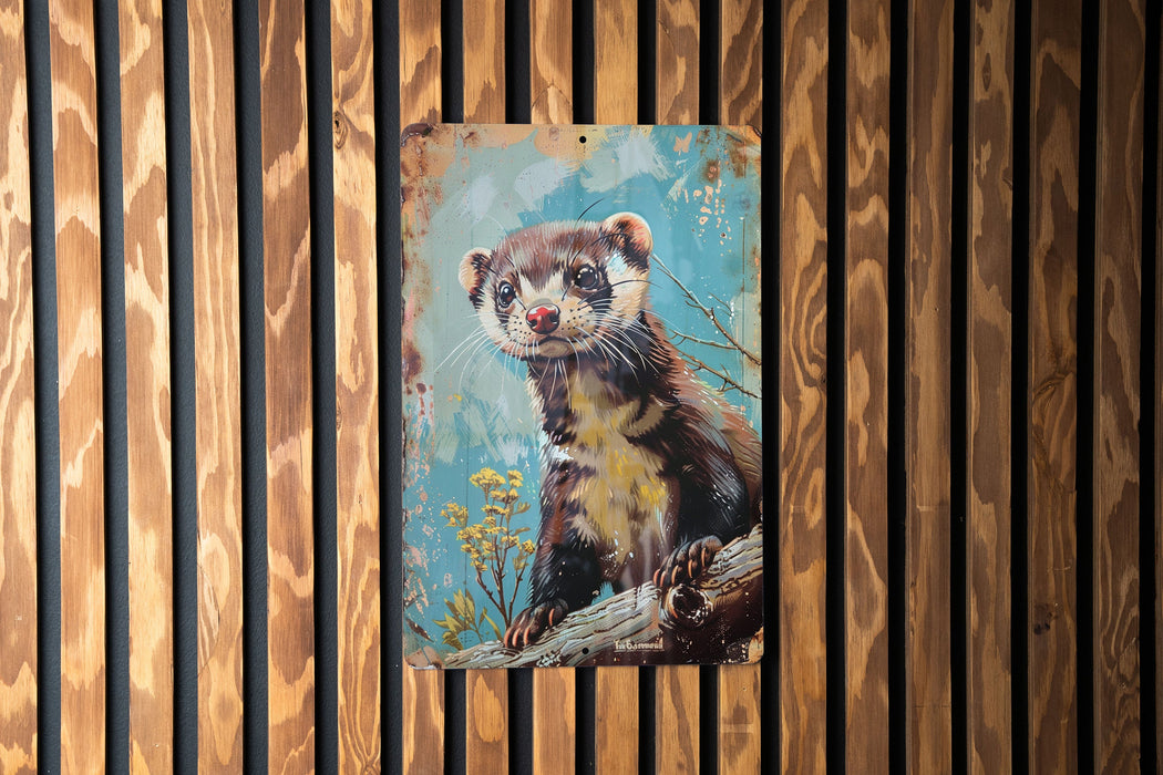a painting of a ferret on a wooden wall